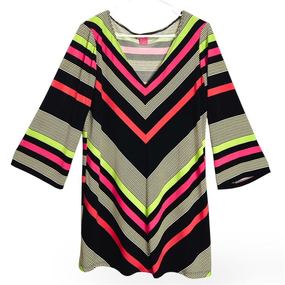 Sunny Leigh Womens Chevron Stripe V-Neck Bell Sleeve Tunic Dress Neon Black L - Picture 3 of 7
